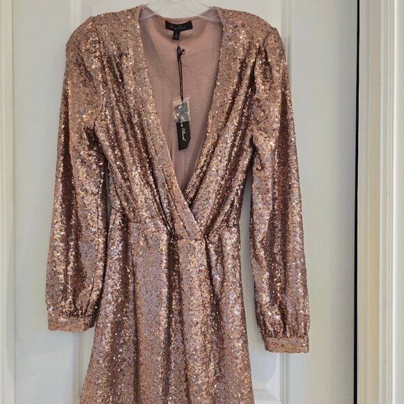 NWT Rosegold Sequin Wrap Dress, Long Sleeves brand is Honey Punch - Picture 2 of 4